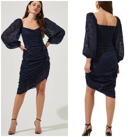 ASTR The Label Athens Ruched Ruffle Front Puff Sleeve Midi Dress in Navy - Picture 1 of 15